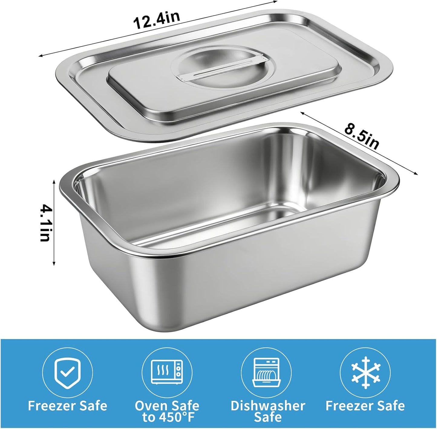 Skiennix 4-Inch Extra Deep Lasagna Baking Pan - 304 Stainless Steel with Lid, 8.5x12.4 Inch, Silver