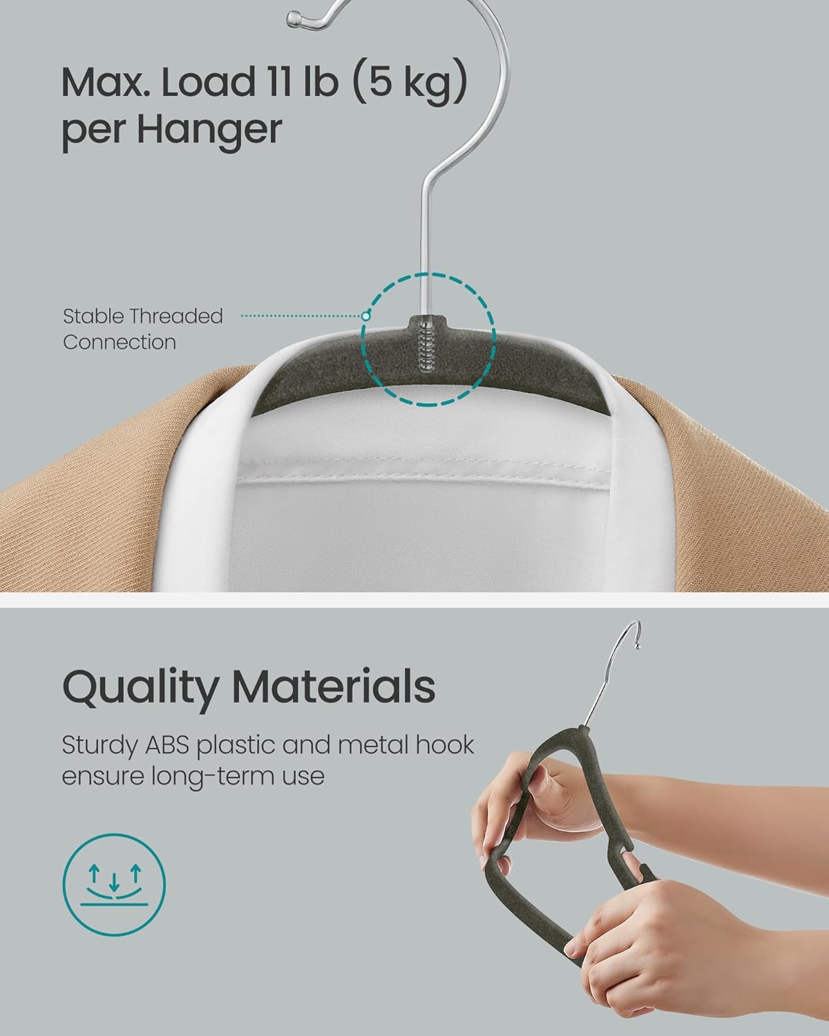 SONGMICS Velvet Hangers - Non-Slip 50 Pack with 360° Swivel Hook & Wide Shoulder Notches - Gray