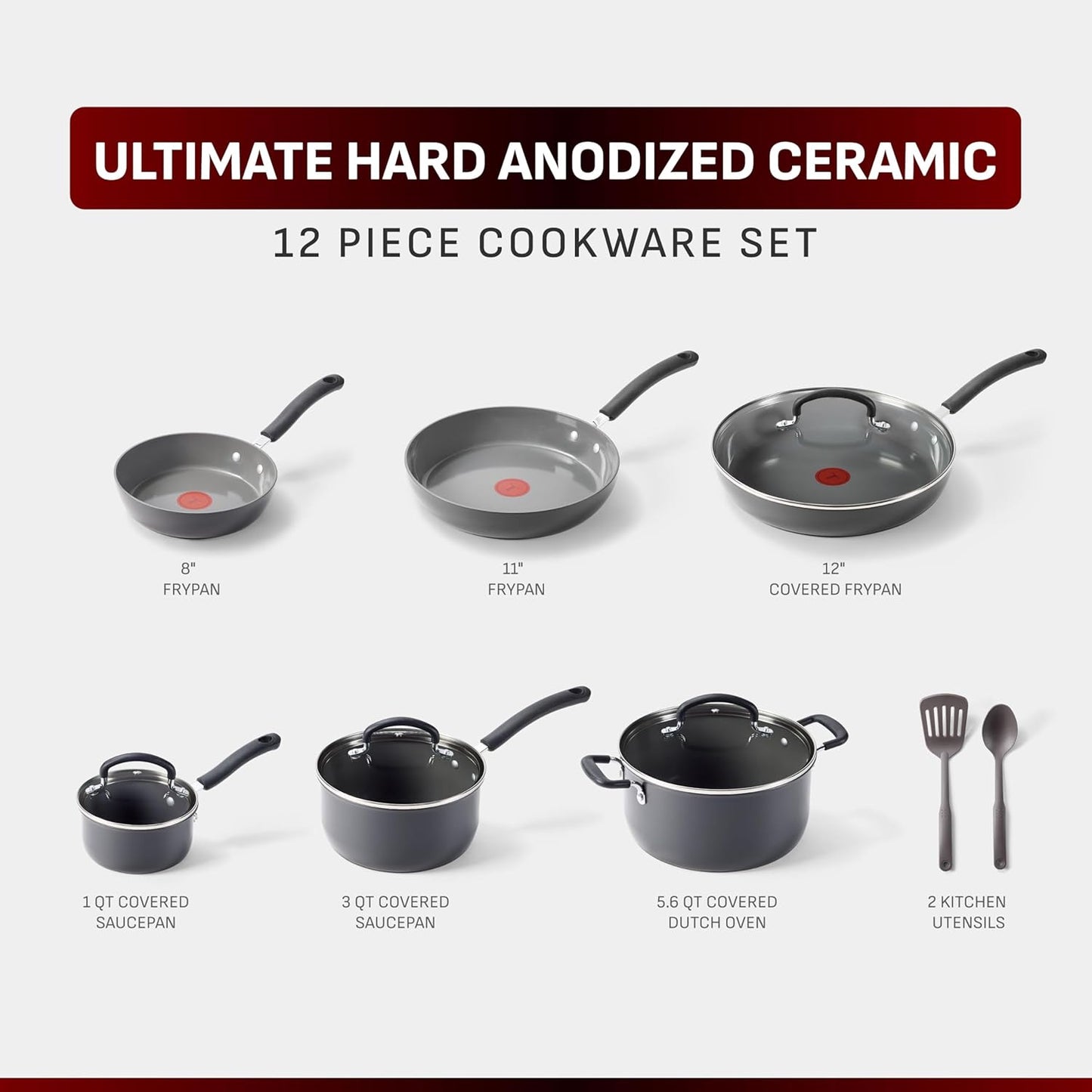 T-Fal Ultimate Hard Anodized Cookware Set - 12-Piece Ceramic Nonstick, Oven Safe Up to 400°F, Stone Finish