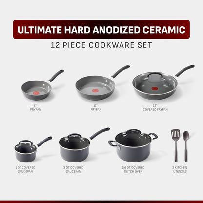 T-Fal Ultimate Hard Anodized Cookware Set - 12-Piece Ceramic Nonstick, Oven Safe Up to 400°F, Stone Finish