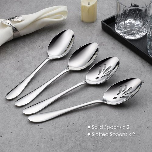 E-far 4-Piece Serving Set | Stainless Steel Buffet Utensils - 2 Spoons & 2 Slotted Spoons, Dishwasher Safe, 8.5-Inch