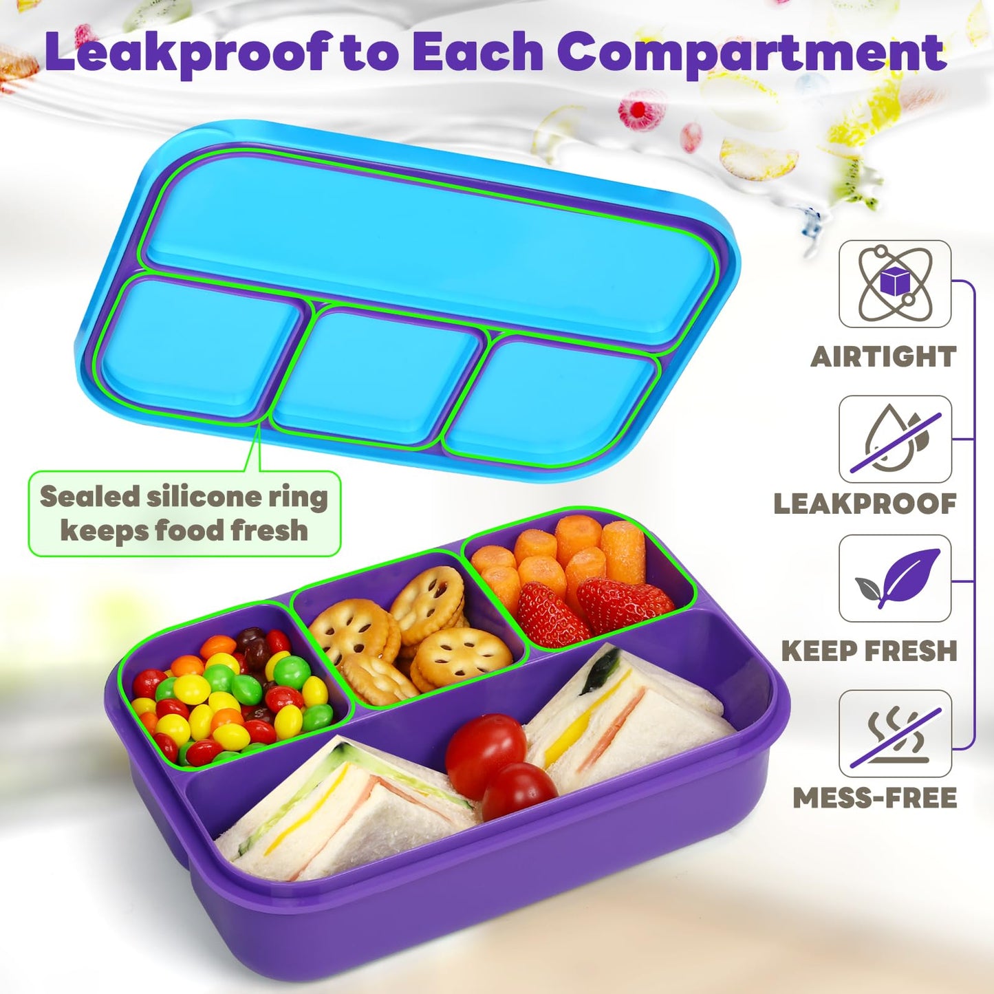 danliar Bento Lunch Box for Kids, 5.5 Cups Bento Box Adult with 2 Sauce Jars, Leakproof 4-Compartment Lunch Containers, Utensil Set, Ideal for School & On-the-Go, BPA-Free (Purple)