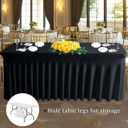 JCJ Table Skirt - Fitted Black Spandex Tablecloth for 4FT Rectangle Tables | Wrinkle-Resistant Design