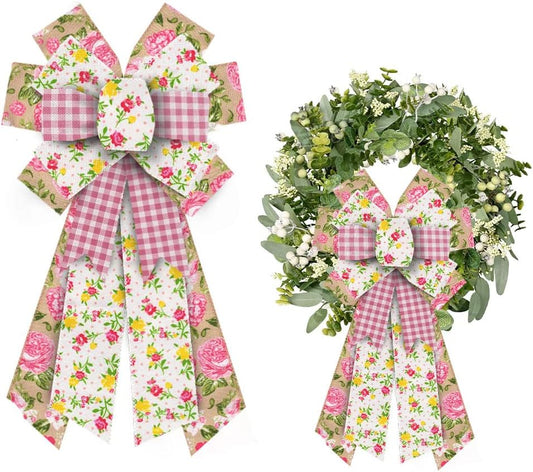 ALIBBON Large Spring Bows - Pink Buffalo Plaid Burlap Flower Bows for Wreaths & Crafts | Indoor/Outdoor Decor