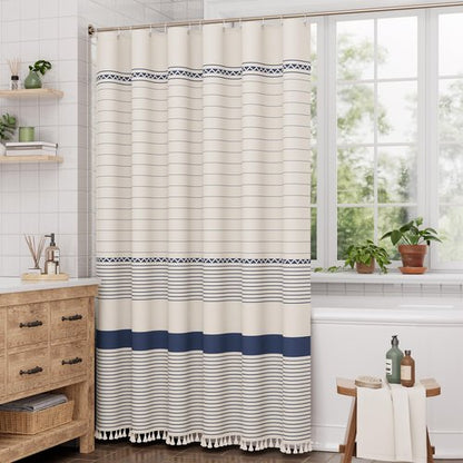 AmazerBath Boho Shower Curtain, Modern Farmhouse Shower Curtain Set with Tassels, Rustic Faux Linen Navy Blue Striped Shower Curtain with Hooks, Light Tan Toned, 72x72 Inches