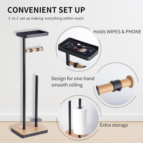 Clasin Home Toilet Paper Holder Stand - Free Standing Design with Storage & Top Shelf - Black Bamboo Finish