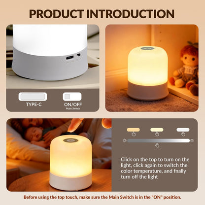 Skiennix Portable Baby Night Light - Dimmable Touch LED Lamp with 3 Color Options | 2400mAh Rechargeable