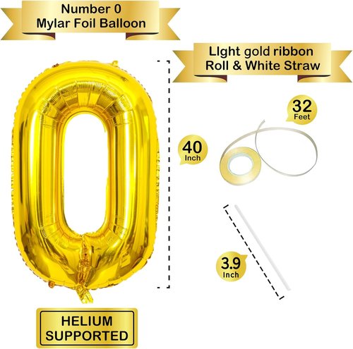 Gold Number 0 Balloon by Mylar - 40 Inch Helium Foil Balloon for Birthday & Anniversary Decor