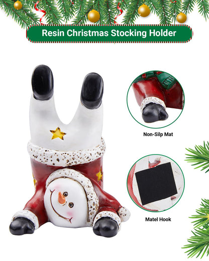 Minetom Christmas Stocking Holders for Mantle Set of 4, 3D Resin Snowman Figurines Stocking Hangers, Home Xmas Decorations for Fireplace Mantel Table Garland