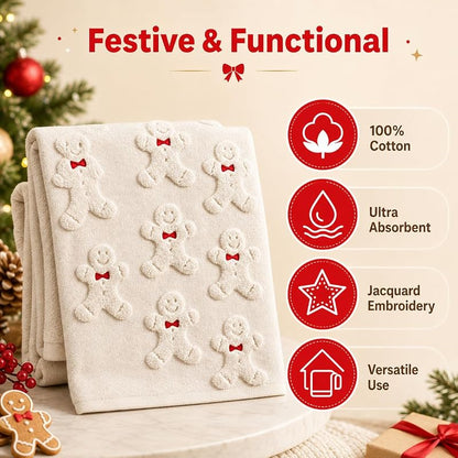2Pcs Christmas Hand Towels for Bathroom - 100% Cotton, Gingerbread Jacquard Embroidery (Beige Gingerbread)