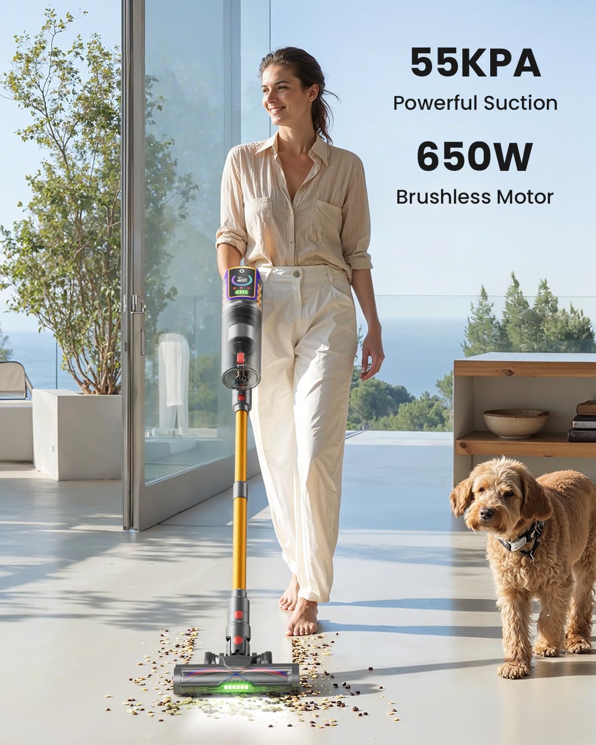 Skiennix Cordless Vacuum Cleaner - 55KPa Suction Power, 65 Minutes Runtime, LED Display & Self-Standing Design | Ideal for Hardwood Floors, Carpets & Pet Hair