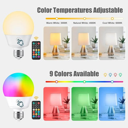 Brightown E26 Rechargeable Light Bulb - Remote & Timer, Dimmable 3 Color Temperatures + 9 RGB Colors | 2 Pack