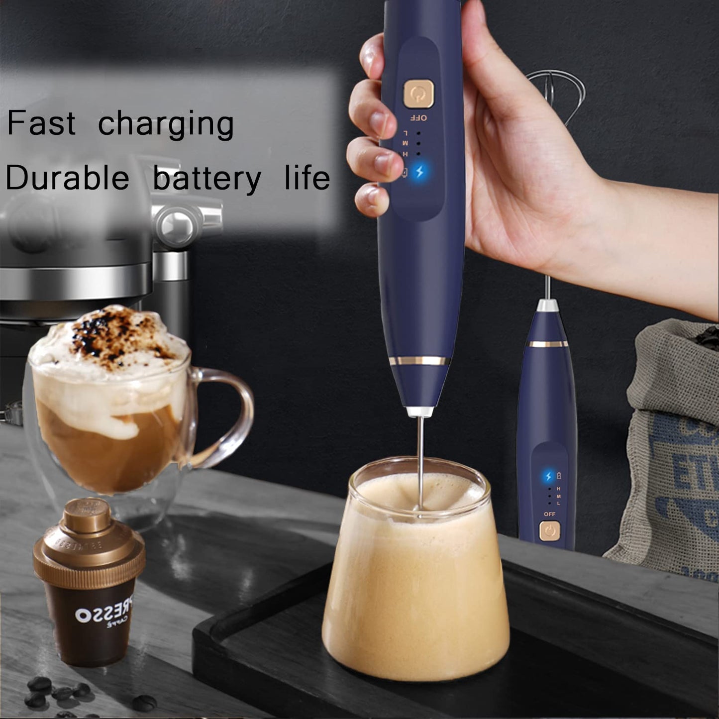 LANOOPITY Milk Frother Handheld, Handheld Electric Stirrer Foam Maker Whisk with USB Rechargeable 3 Speeds, Mini Milk Foamer for Coffee Latte, Cappuccino, Frappe, Matcha, Hot Chocolate - Black