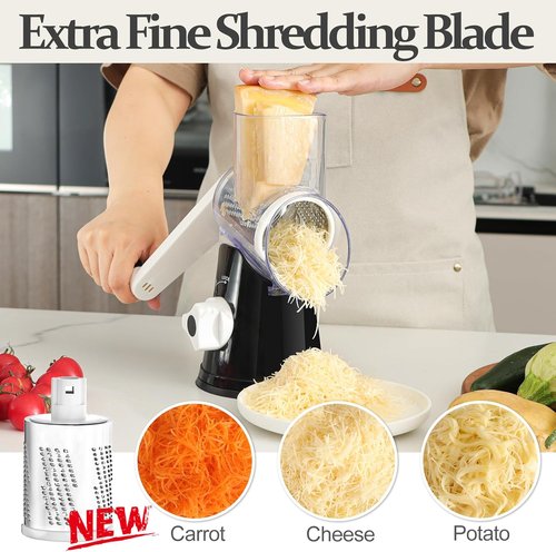 Cambom 5-in-1 Rotary Cheese Grater - Hand Crank Shredder for Fresh Cheese, Veggies & Nuts | Non-Slip Base, Black