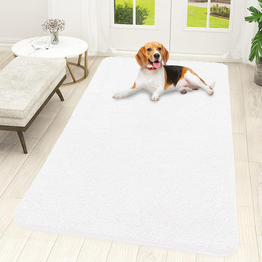 OLANLY Dog Door Mat for Muddy Paws 59x32, Absorbs Moisture and Dirt, Absorbent Non-Slip Washable Doormat, Quick Dry Chenille Mud Mat for Dogs, Entry Indoor Entryway Carpet for Inside Floor, White