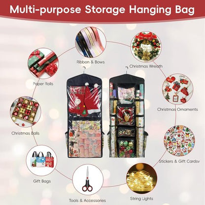 Gift Wrap Organizer by [Brand Name] - Double-Sided Hanging Storage with Multiple Pockets & Elastic Straps | Space-Saving Black Design