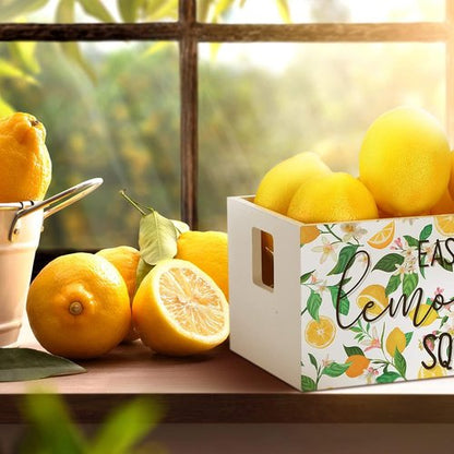 Marsui Lemon Decor Set - Mini Wooden Crate with 8 Realistic Fake Lemons | Rustic Summer Kitchen Decor