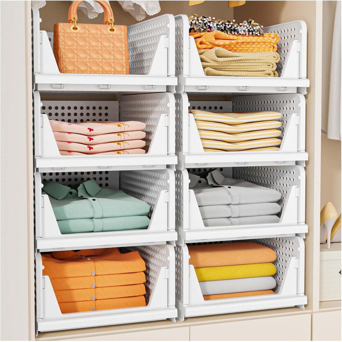 SNSLXH Stackable Closet Storage Baskets - Multifunctional & Foldable Organizer for Bathroom, Kitchen, Laundry | White, 5 Pack