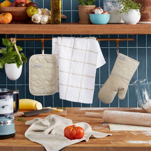 KitchenAid Quilted Cotton Terry Cloth Oven Mitt & Pot Holder Set - Heat Resistant, Silicone Grip | 4-Pack