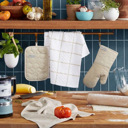 KitchenAid Quilted Cotton Terry Cloth Oven Mitt & Pot Holder Set - Heat Resistant, Silicone Grip | 4-Pack