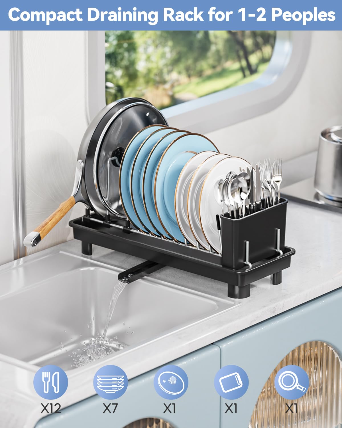 LIONONLY Small Dish Drying Rack, Compact Dish Rack for Kitchen Counter, Stainless Steel Dish Drainer, Space Saving Plate Rack, Dish Strainer with Cutlery Holder