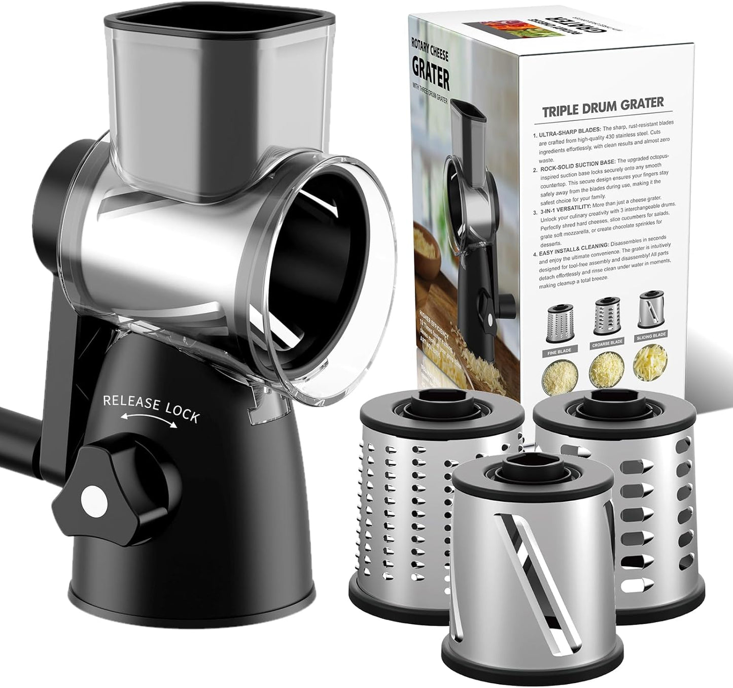 Rotary Cheese Grater - 3-in-1 Shredder with Hand Crank | Non-Slip Suction Base, Food Grade, Black