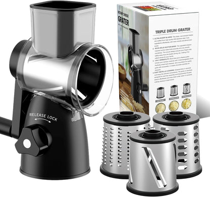 Rotary Cheese Grater - 3-in-1 Shredder with Hand Crank | Non-Slip Suction Base, Food Grade, Black