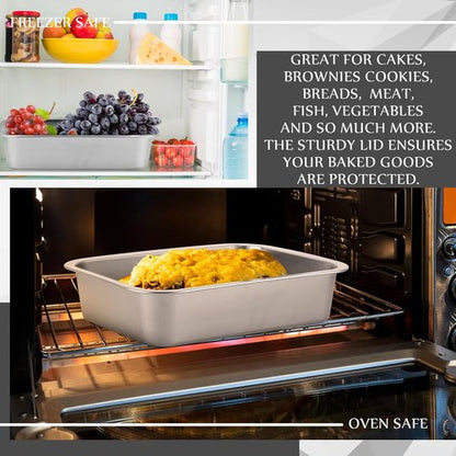 Funnymoom Deep Lasagna Baking Pan Set - Large 11 x 14.2 Inch Nonstick Stainless Steel with Lid | 7.4 Qt Capacity