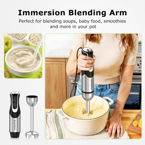 Bonsenkitchen 4-in-1 Immersion Blender - Handheld 12-Speed Mixer with Turbo Mode & Stainless Steel Blade | Includes Whisk, Beaker & Chopper Bowl