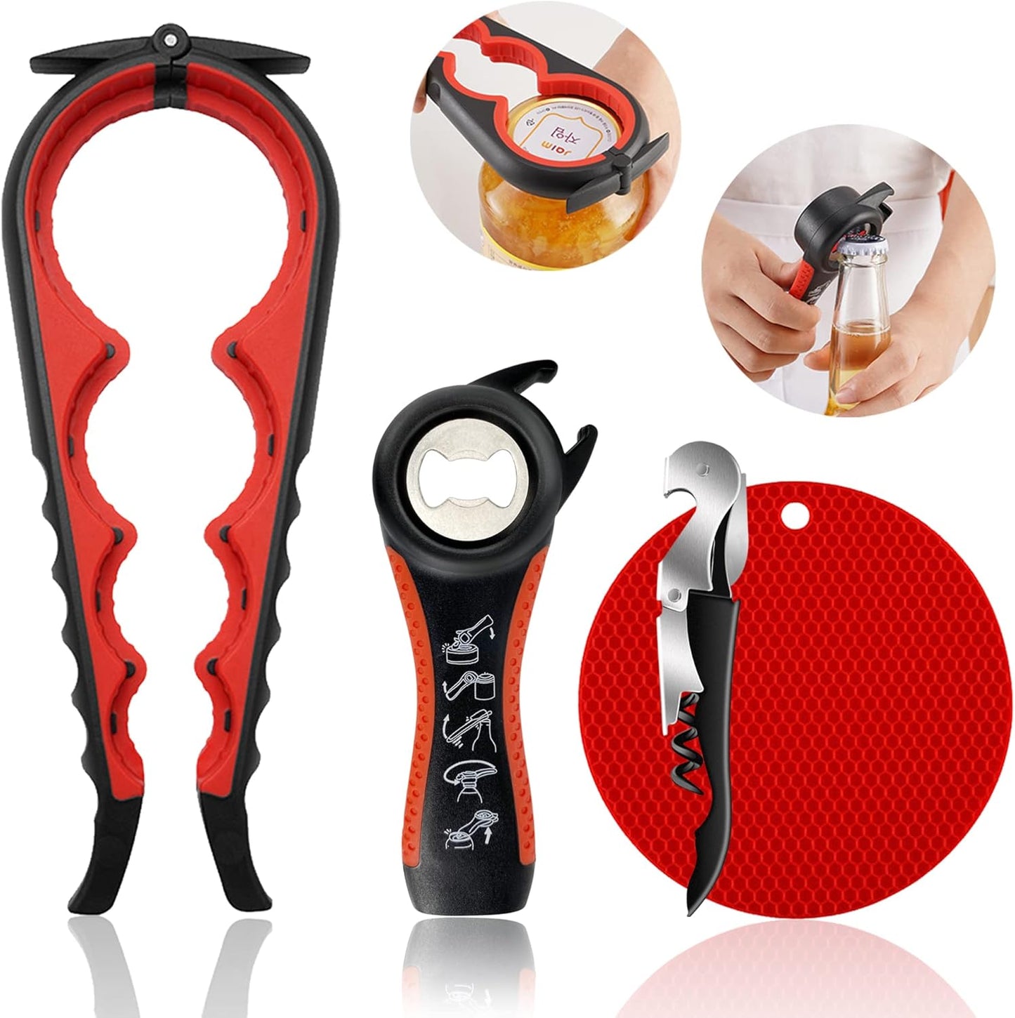 Skiennix Jar Opener - 5-in-1 Multi-Function Tool for Arthritis Relief | Non-Slip Grip & Corkscrew (Red)