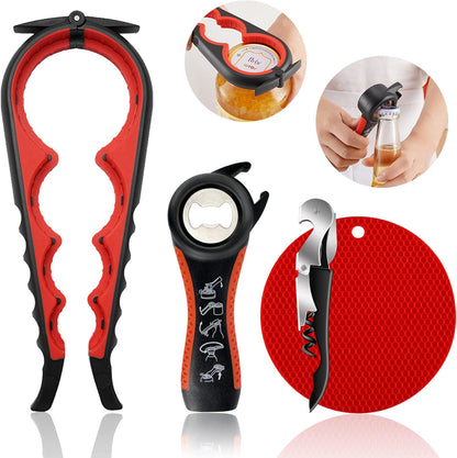Skiennix Jar Opener - 5-in-1 Multi-Function Tool for Arthritis Relief | Non-Slip Grip & Corkscrew (Red)