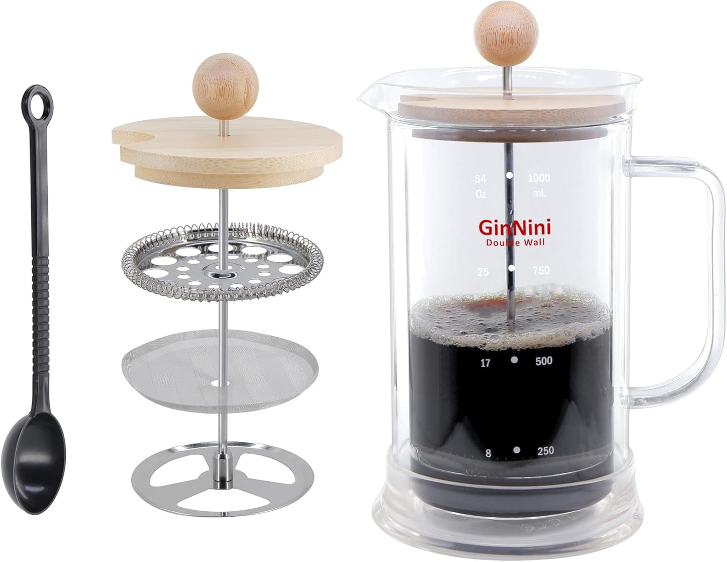 Skiennix French Press Coffee Maker - 34-Ounce Double Wall Glass with Stainless Steel Filter & Bamboo Lid
