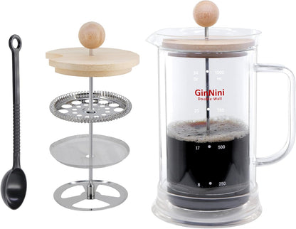 Skiennix French Press Coffee Maker - 34-Ounce Double Wall Glass with Stainless Steel Filter & Bamboo Lid