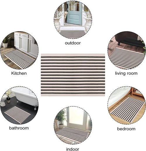 LEEVAN Outdoor Rug Runner - Black and White Striped Cotton Woven Doormat | 2x4 Feet, Washable for Home Use
