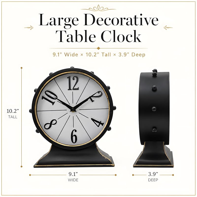 Large Vintage Mantel Clock - Black & Gold, Silent Metal Table Clock