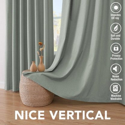H.VERSAILTEX Bedroom Curtains Blackout Linen Blackout Curtains 84 Inches Long, 100% Blackout Thermal Textured Linen Look Curtain Draperies Grommet with White Liner, 2 Panels, Green Bay