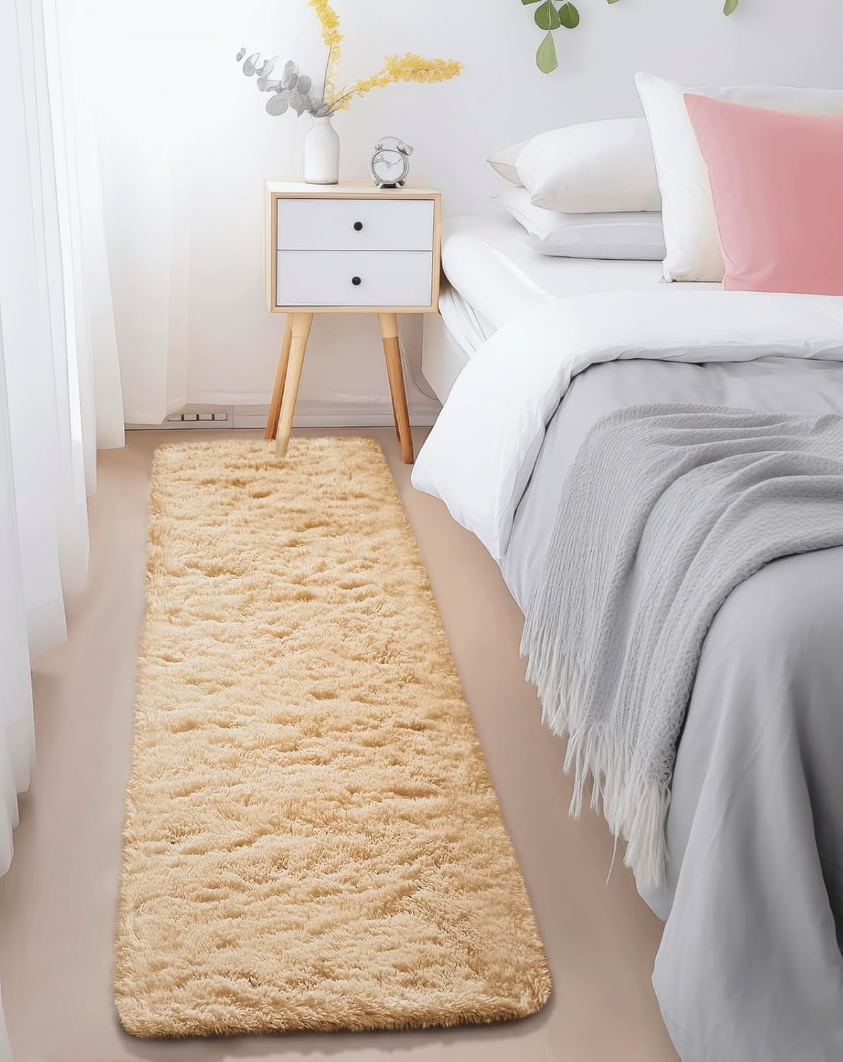 Ophanie Runner Rug - Non-Slip Fluffy Soft Bedroom Carpet | 2x6 Beige Shag for Hallway & Nursery Decor