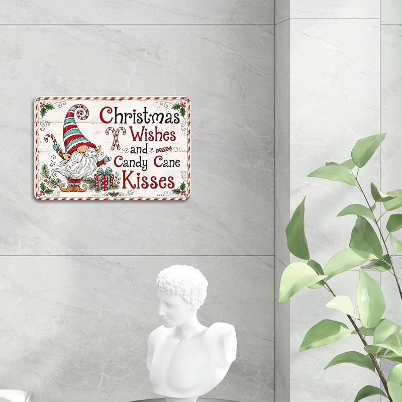 Wall Pediments 64 Christmas Gnome Aluminum Sign - Candy Cane Farmhouse Holiday Decor, Festive Gnome with Peppermint & Gift – Generic63