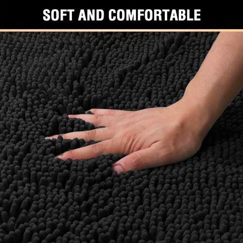 H.VERSAILTEX Black Bathroom Rug Set 2 Piece, Bath Mats for Bathroom Floor, Super Thick Soft Shaggy Chenille Bath Mats Machine Washable, Dry Fast Water Absorbent Bath Mats(20" x 32"/17" x 24")