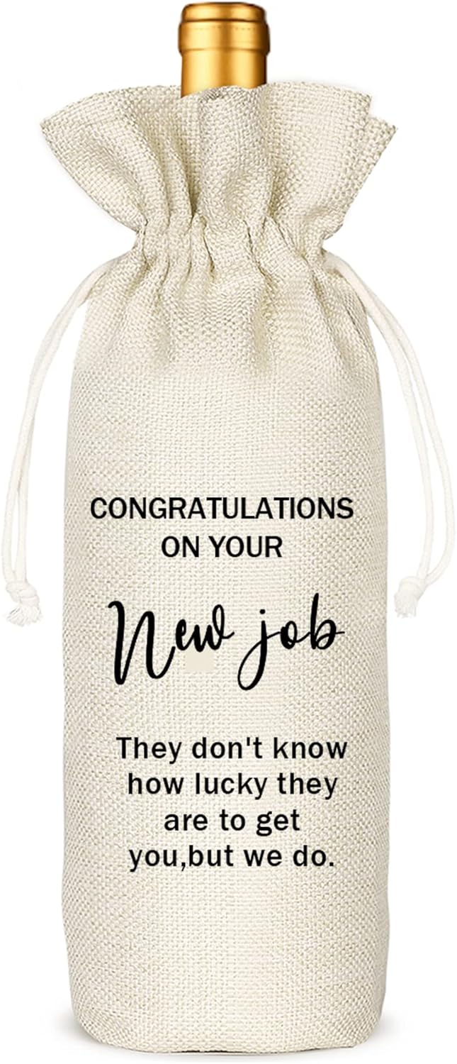 Socive New Job Wine Gifts Bag, New Job Gifts, Leaving Gift, New Job Gifrs for Colleague, Coworker, Boss, Friends, Burlap Drawstring Wine Bag - Congratulations New Job