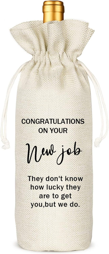 Socive New Job Wine Gifts Bag, New Job Gifts, Leaving Gift, New Job Gifrs for Colleague, Coworker, Boss, Friends, Burlap Drawstring Wine Bag - Congratulations New Job