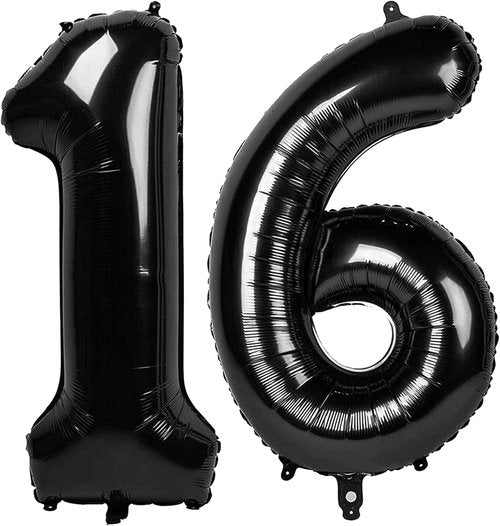Black Number 16 Balloon - 40 Inch Large 16th Birthday Decoration for Boys & Girls Party Supplies