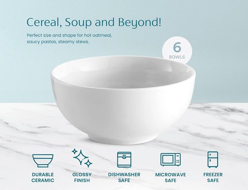 KooK Ceramic Cereal Bowls - 24 oz Deep Interior Porcelain Dishes | Microwave & Dishwasher Safe, Set of 6, Marshmallow White