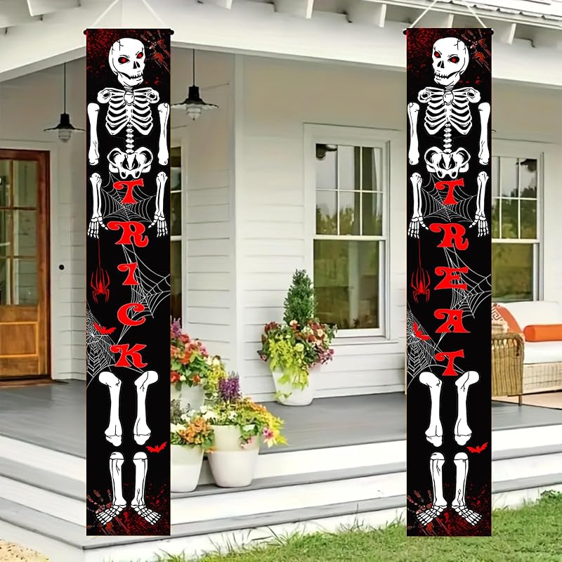 Christmas Door Banner 12x71 Welcome Sign - Halloween Skeleton Theme, Indoor/Outdoor