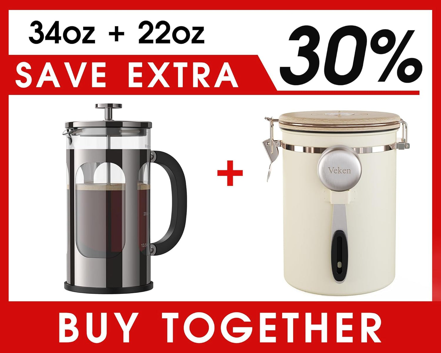 Veken French Press 34oz - Dark Pewter Coffee Maker with 22oz Cream Canister for Fresh Brews