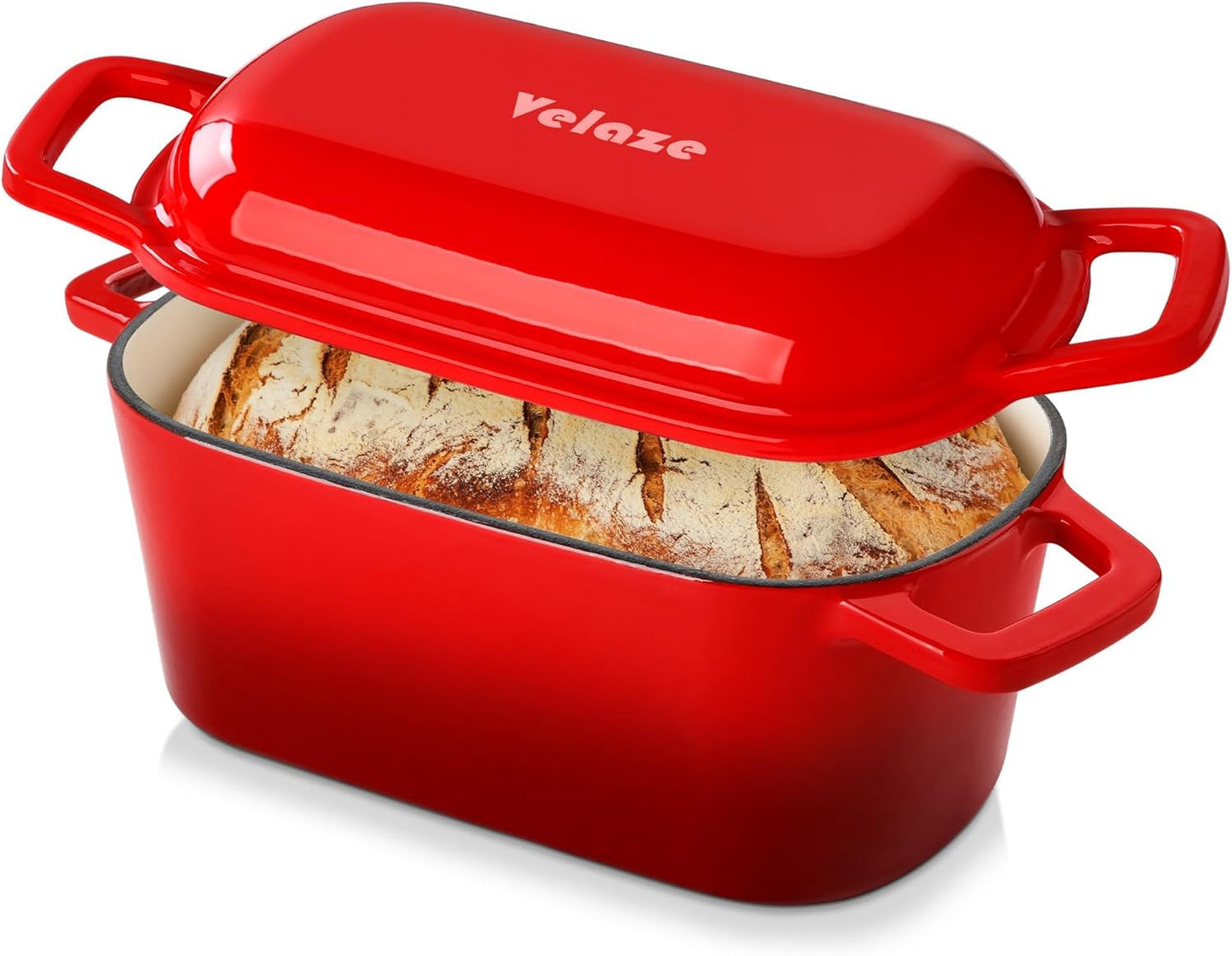 Velaze 3.6QT Dutch Oven - Enameled Cast Iron Bread Baking Pan with Lid & Offset Handles | Oven Safe to 500°F (Red)