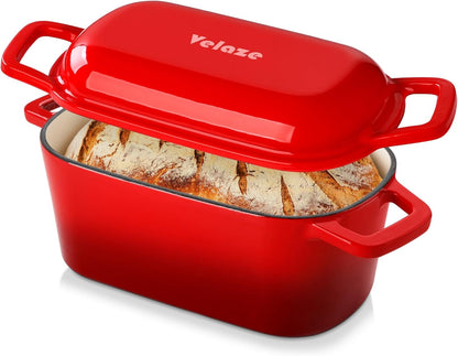 Velaze 3.6QT Dutch Oven - Enameled Cast Iron Bread Baking Pan with Lid & Offset Handles | Oven Safe to 500°F (Red)