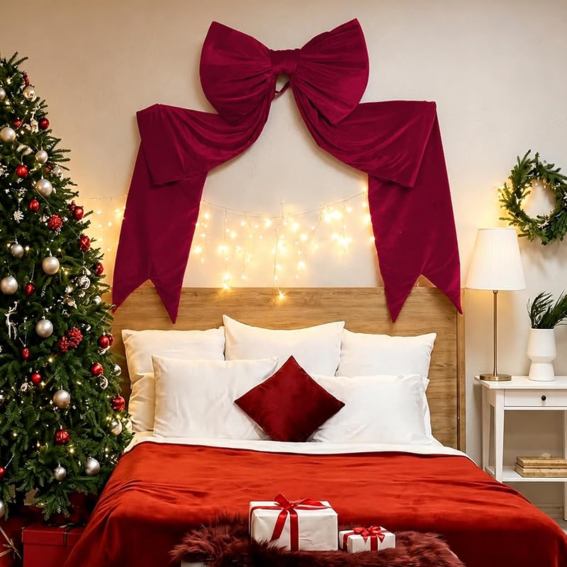 Dark Red 75x23 Inch Giant Velvet Christmas Bow - Plush 3D Ribbon