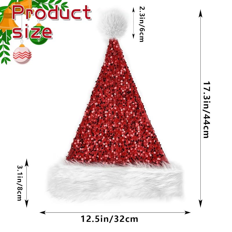 Dolkoic Red Sequin Santa Hat for Adults - Plush Christmas Party Hat