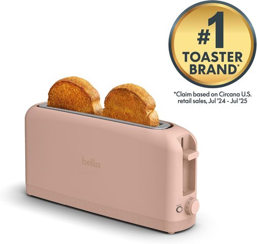 Bella 2 Slice Slim Toaster - 6 Setting Shade Control with Reheat & Cancel | 10” Long Slot, Blossom Color